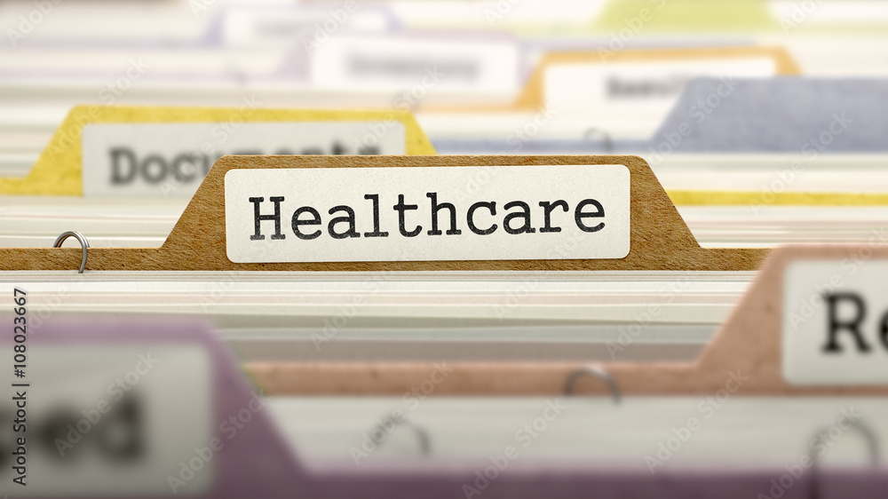 Poster healthcare concept. colored document folders sorted for catalog. closeup view. selective focus. 3d r