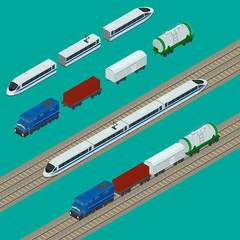 vector illustration. Set train icons. Passenger fast train, the locomotive, boxcar, container, tank. isometric, infographic.