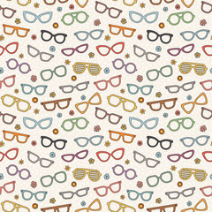 Eyeglasses doodle multicolored vector seamless pattern with flowers.