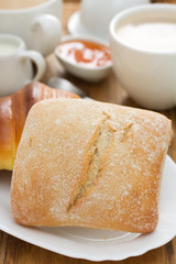 bread with jam and cup of coffee with milk