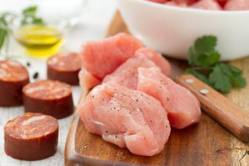 raw turkey with black pepper on brown wooden board