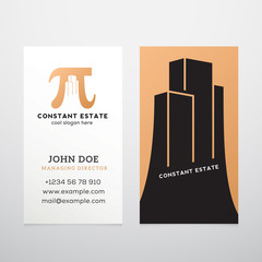 Constant Estate Abstract Vector Business Card Template. Pi Sign with Negative Space Buildings as a Logotype. Realistic Shadows Mock Up.