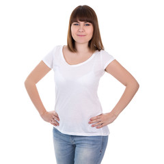 Fototapeta premium happy beautiful plus size woman in blank white t-shirt isolated