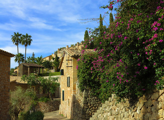 Fototapeta na wymiar mediterranes Bergdorf Deià mit blühender Bougainvillea, Tramuntana, Mallorca, Spanien