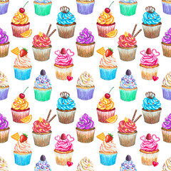Seamless pattern with watercolor cupcakes.