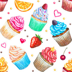 Seamless pattern with watercolor cupcakes.