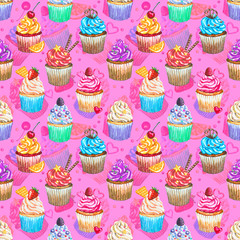 Seamless pattern with watercolor cupcakes.