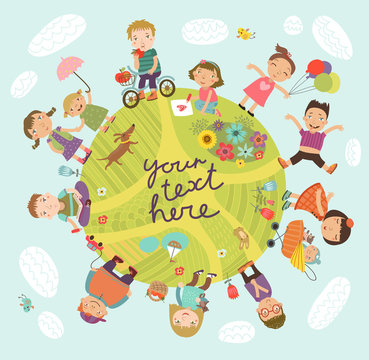 
Background with children.Planet of children. Vector illustration with cute kids