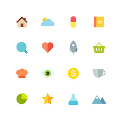 Flat colored vector icon set. Different bright symbols on the white background.