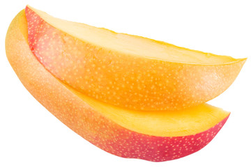 Slices of mango fruit over white. File contains clipping paths.