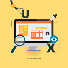 UX design web infographic concept vector. User interface experience, usability, mockup, wireframe development .Optimizing user experience in e-commerce.
