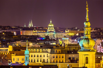 Night view from Prague Town Hall towards National Museum