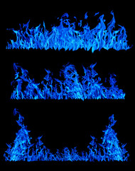 set of three blue flame strips on black