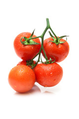 ripe tomatoes in drops of water close-up on a white background