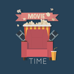 Movie Time flat design illustration. Concept design on home movie watching with sofa,popcorn,film. For web, graphic,motion design