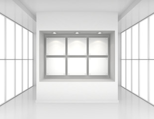 Exhibit Showcases with blank paper poster and light bulbs in interior room large windows