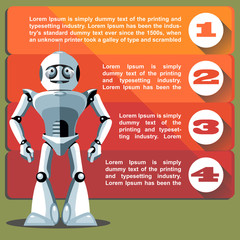Silver humanoid robot presenting info graphic. Digital background vector illustration.