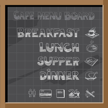 Hand drawn cafe menu board signs and food collection on chalkboard