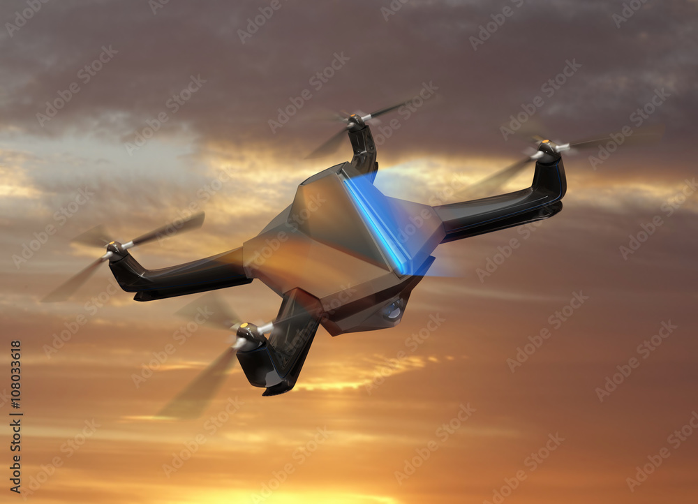 Aufkleber autonomous unmanned drone with surveillance camera flying in sunset sky. 3d rendering image in origi