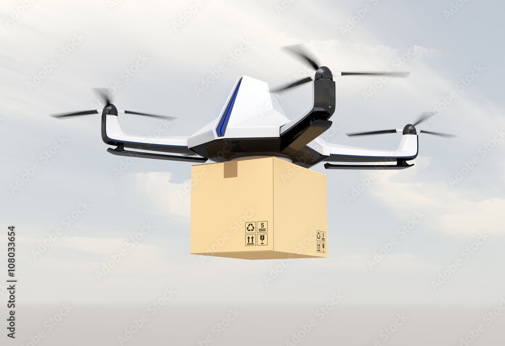 Aufkleber autonomous unmanned drone delivering cardboard box in the sky. 3d rendering image.