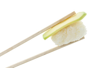 Sushi nigiri in copsticks isolated on white background