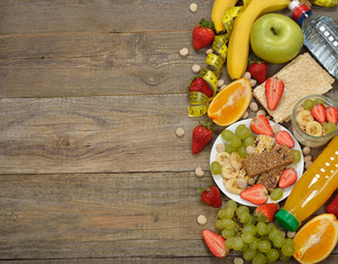 Various fruits on a wooden background