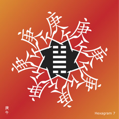 Symbol of i ching hexagram from chinese hieroglyphs. Translation of 12 zodiac feng shui signs hieroglyphs: 'Iron' and "Horse". 