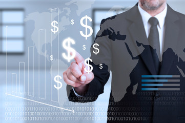 Businessman touching transparent digital screen as curency trans