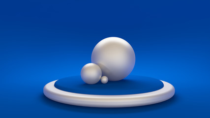 Blue background with a podium and white balls