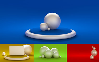 Pak colored backgrounds with balls, a podium and a plane