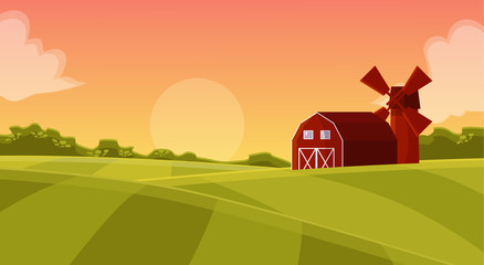 Red hangar at the farmers field to the mill on agricultural land, natural landscape with green field and posevochnym the sunset with a red hangar farm vector cartoon illustration © sabelskaya