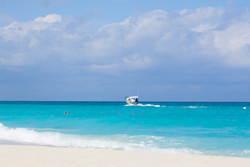 Landscape of Atlantic Ocean. Caribbean paradize. White pleasure boat