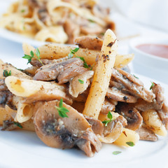 vegetarian pasta penne with mushrooms grilled in sour cream sauce