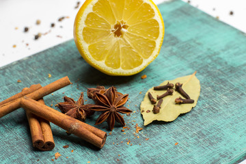 Spices and herbs. Food, cuisine ingredients, cinnamon, clove, anise, lemon