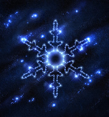 Snowflake of the particles on the background of the sky