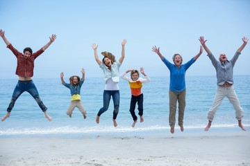 Multi-generation family jumping at sea shore