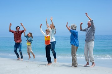 Obraz premium Multi-generation family enjoying at sea shore