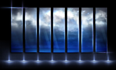 Stylish black background with windows and sky
