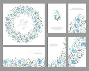 Set of templates for celebration, wedding. Blue flowers. Watercolor blue poppies, lily the valley, daisy, snowdrop. For romantic and wedding design, greeting cards, posters, advertisement. Vintage