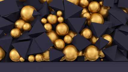 Black abstract 3d background with room, floor, wall and yellow balls
