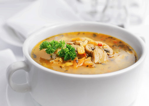 vegetarian pea soup with mushrooms