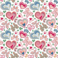 bright seamless pattern with butterflies and hearts