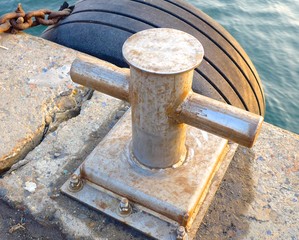 The close view of bollard on the ship deck
