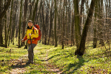 Male hiker looking to the side walking in forest