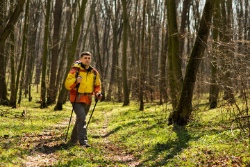 Male hiker looking to the side walking in forest