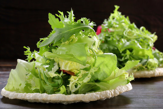 Fresh Green Salad Mix On Rice Waffle