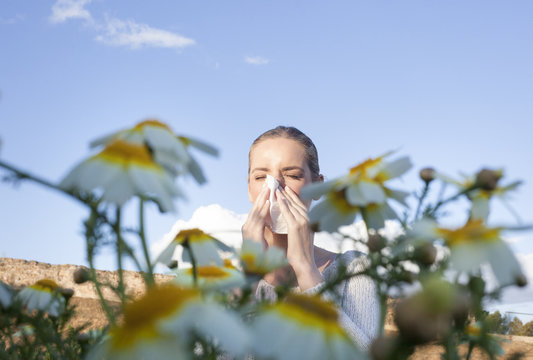 Young allergic woman sneezing in a meadow