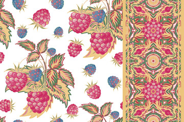 Set of raspberry seamless pattern and border. Pastel summer vector background for textiles, pillow, interior decoration, wrapping paper, food drink package decoration.