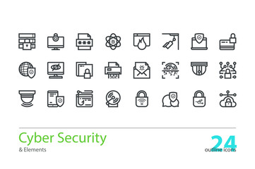 Cyber security, data protection. Set of outline colorless vector icons. 