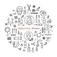 Set of line icons on a theme: beauty, cosmetics, hairdressing salon, spa salon, cosmetology. Icons in the modern linear style vector arranged in a circle. The concept for a brochure, flyer, cover